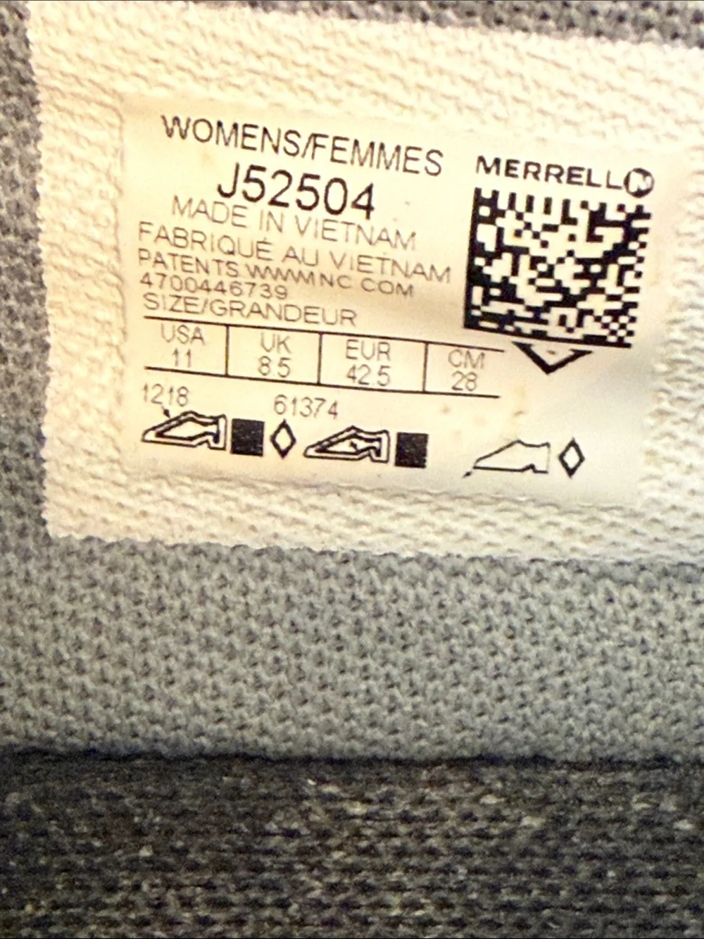 Merrell Barefoot Multi-Gray Camouflage Sneakers with blue accents.